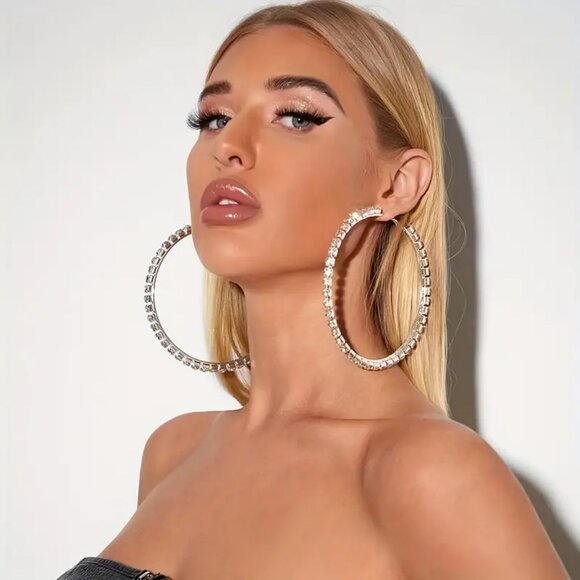 Exaggerated Full Rhinestone Decor Hoop Earrings, Large Size Circle Hoop Earrings - Picture 2 of 3